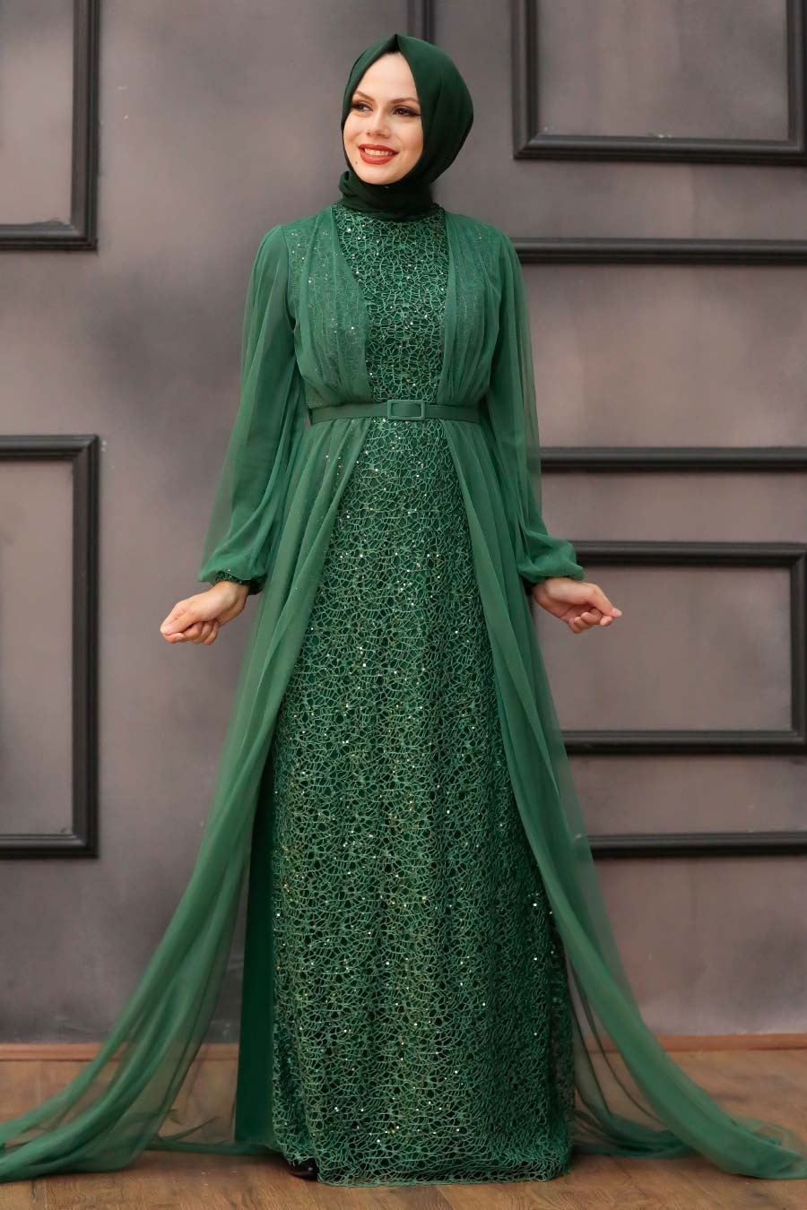Tesettürlü Abiye Elbise - Pul Payetli Yeşil Tesettür Abiye Elbise 5383Y
