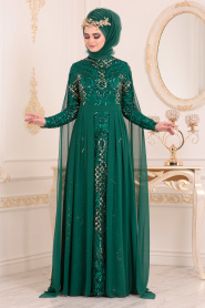 Tesettürlü Abiye Elbise - Pul Payetli Yeşil Tesettür Abiye Elbise 85130Y - Thumbnail
