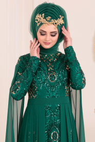 Tesettürlü Abiye Elbise - Pul Payetli Yeşil Tesettür Abiye Elbise 85130Y - Thumbnail