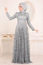 Tesettürlü Abiye Elbise - Pul & Sim Detaylı Gri Tesettür Abiye Elbise 2079GR - Thumbnail