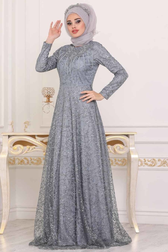 Tesettürlü Abiye Elbise - Desenli Pul Payetli Gri Tesettür Abiye Elbise 39231GR - 1