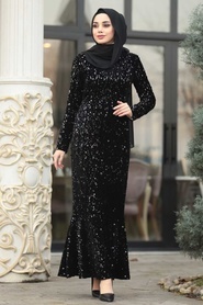 Tesettürlü Abiye Elbise - Balık Model Siyah Tesettür Abiye Elbise 87760S - Thumbnail