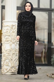 Tesettürlü Abiye Elbise - Balık Model Siyah Tesettür Abiye Elbise 87760S - Thumbnail