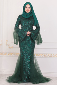 Tesettürlü Abiye Elbise - Pullu Yeşil Tesettür Abiye Elbise 22521Y - Thumbnail