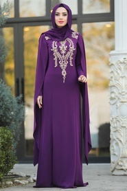 Tesettürlü Abiye Elbise - Purple Hijab Evening Dress 20180MOR - Thumbnail