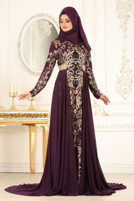 Tesettürlü Abiye Elbise - Purple Hijab Evening Dress 7611MOR