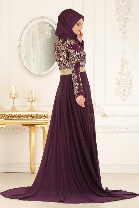 Tesettürlü Abiye Elbise - Purple Hijab Evening Dress 7611MOR - 2