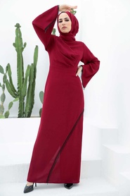 Tesettürlü Abiye Elbise - Püskül Detaylı Bordo Tesettür Abiye Elbise 33150BR - Thumbnail