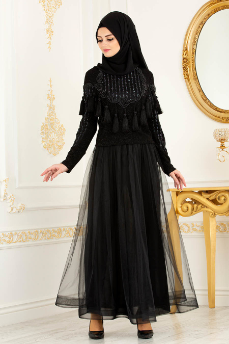 Tesettürlü Abiye Elbise - Püskül Detaylı Siyah Etek / Bluz Tesettürlü Abiye Takım 37101S