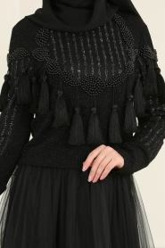 Tesettürlü Abiye Elbise - Püskül Detaylı Siyah Etek / Bluz Tesettürlü Abiye Takım 37101S - Thumbnail
