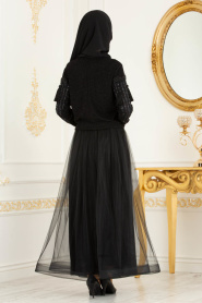 Tesettürlü Abiye Elbise - Püskül Detaylı Siyah Etek / Bluz Tesettürlü Abiye Takım 37101S - Thumbnail