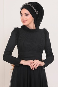 Tesettürlü Abiye Elbise - Püskül Detaylı Siyah Tesettür Abiye Elbise 39890S - Thumbnail