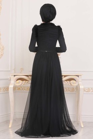Tesettürlü Abiye Elbise - Püskül Detaylı Siyah Tesettür Abiye Elbise 39890S - Thumbnail