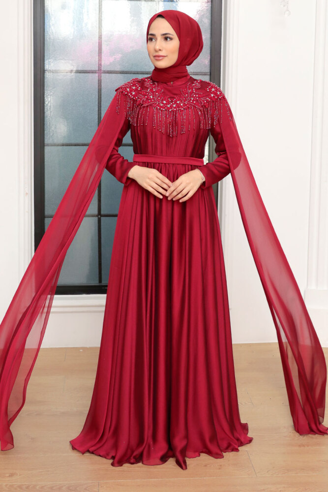 Tesettürlü Abiye Elbise - Püsküllü Drape Detaylı Bordo Tesettür Abiye Elbise 21901BR - 5
