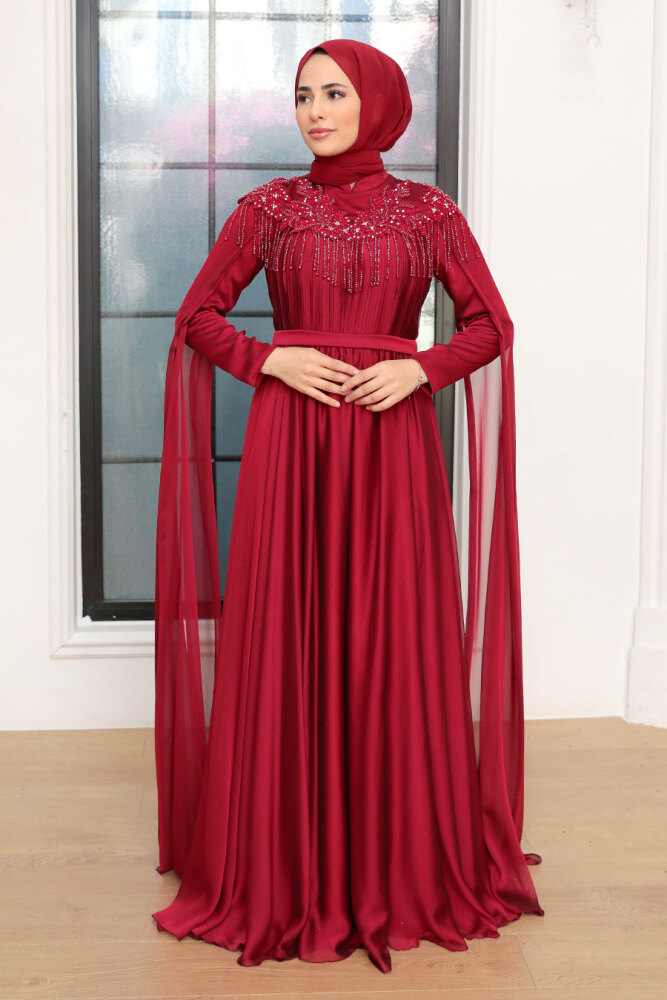 Tesettürlü Abiye Elbise - Püsküllü Drape Detaylı Bordo Tesettür Abiye Elbise 21901BR - 1