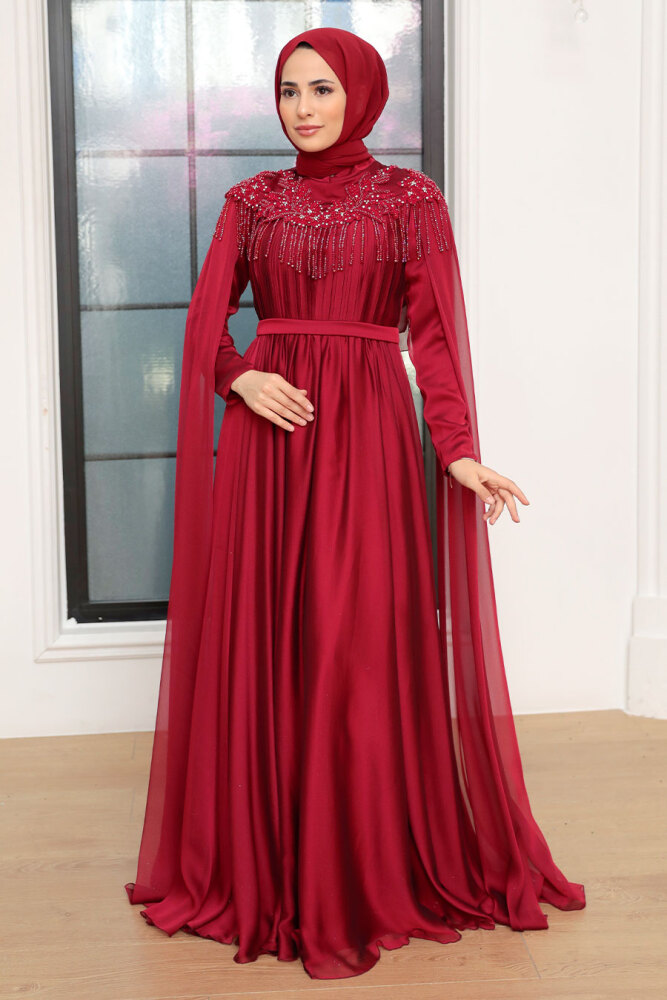 Tesettürlü Abiye Elbise - Püsküllü Drape Detaylı Bordo Tesettür Abiye Elbise 21901BR - 2