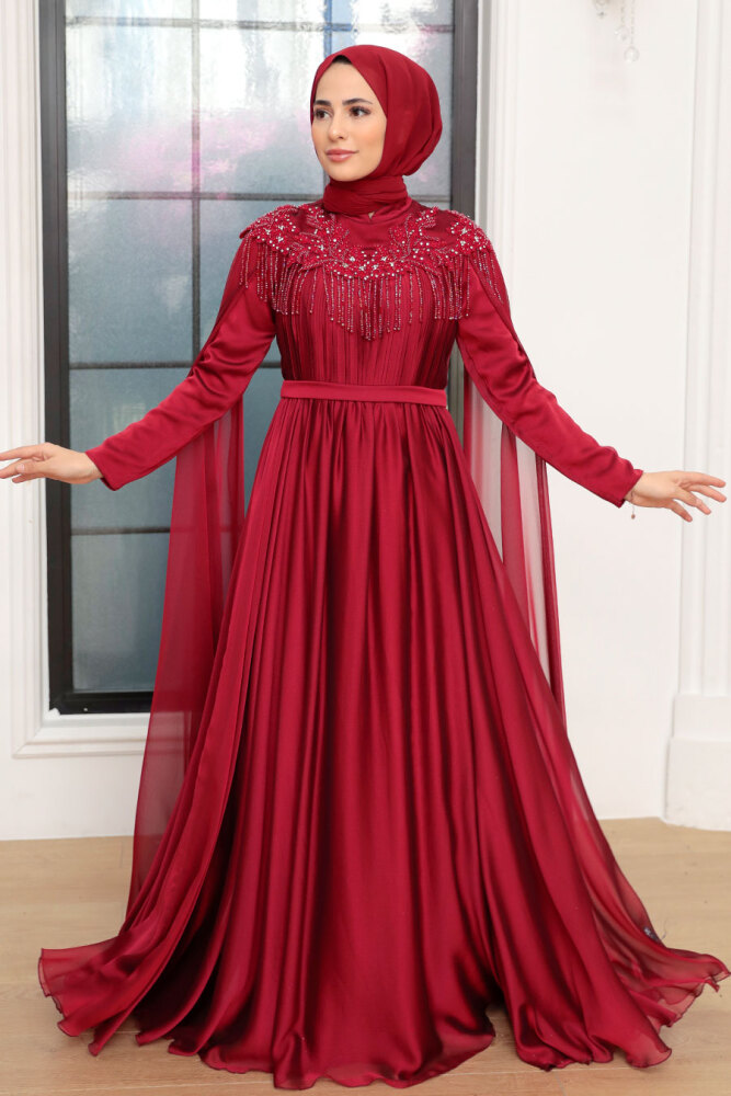 Tesettürlü Abiye Elbise - Püsküllü Drape Detaylı Bordo Tesettür Abiye Elbise 21901BR - 3