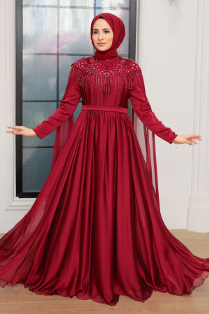 Tesettürlü Abiye Elbise - Püsküllü Drape Detaylı Bordo Tesettür Abiye Elbise 21901BR - 4