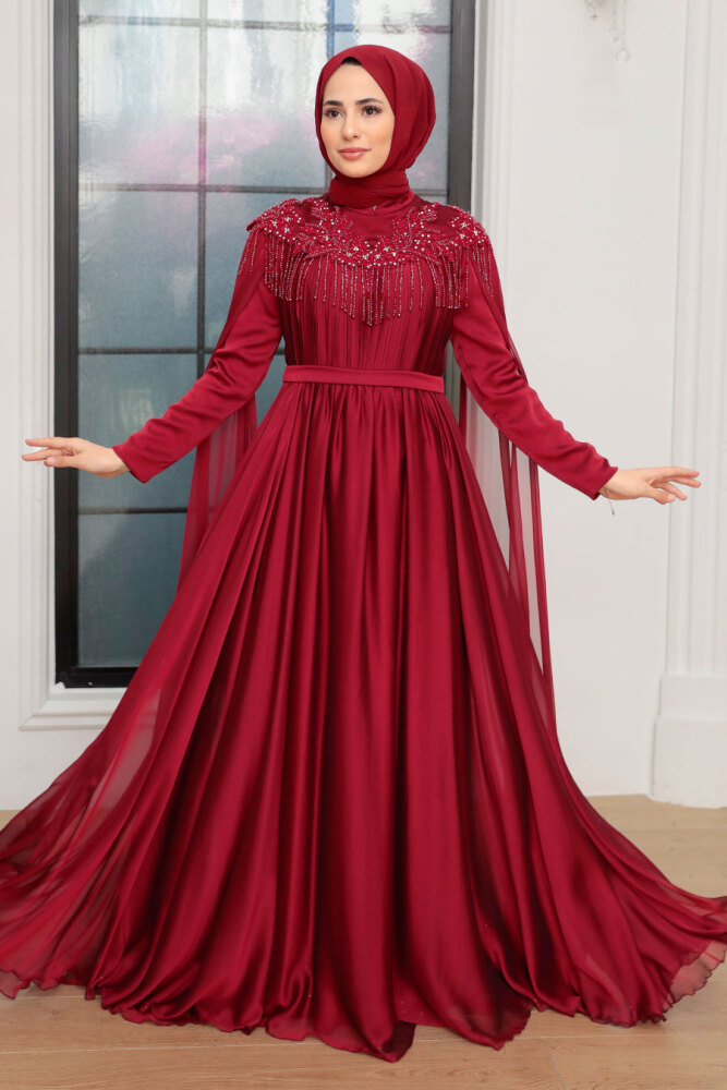 Tesettürlü Abiye Elbise - Püsküllü Drape Detaylı Bordo Tesettür Abiye Elbise 21901BR - 4