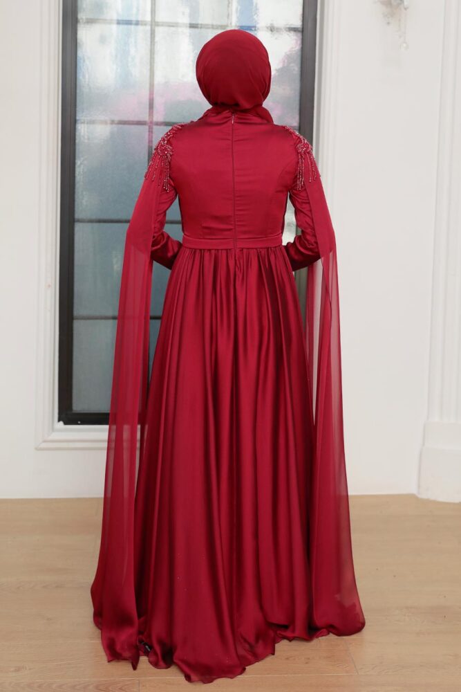 Tesettürlü Abiye Elbise - Püsküllü Drape Detaylı Bordo Tesettür Abiye Elbise 21901BR - 6