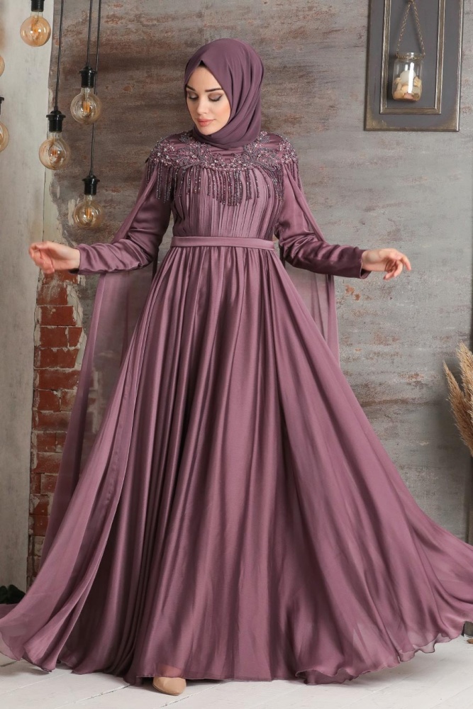 Tesettürlü Abiye Elbise - Püsküllü Drape Detaylı Gül Kurusu Tesettür Abiye Elbise 21901GK - 3