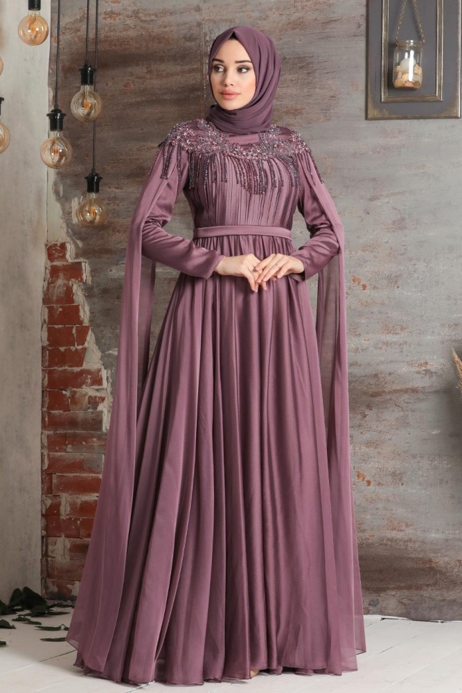 Tesettürlü Abiye Elbise - Püsküllü Drape Detaylı Gül Kurusu Tesettür Abiye Elbise 21901GK - 1