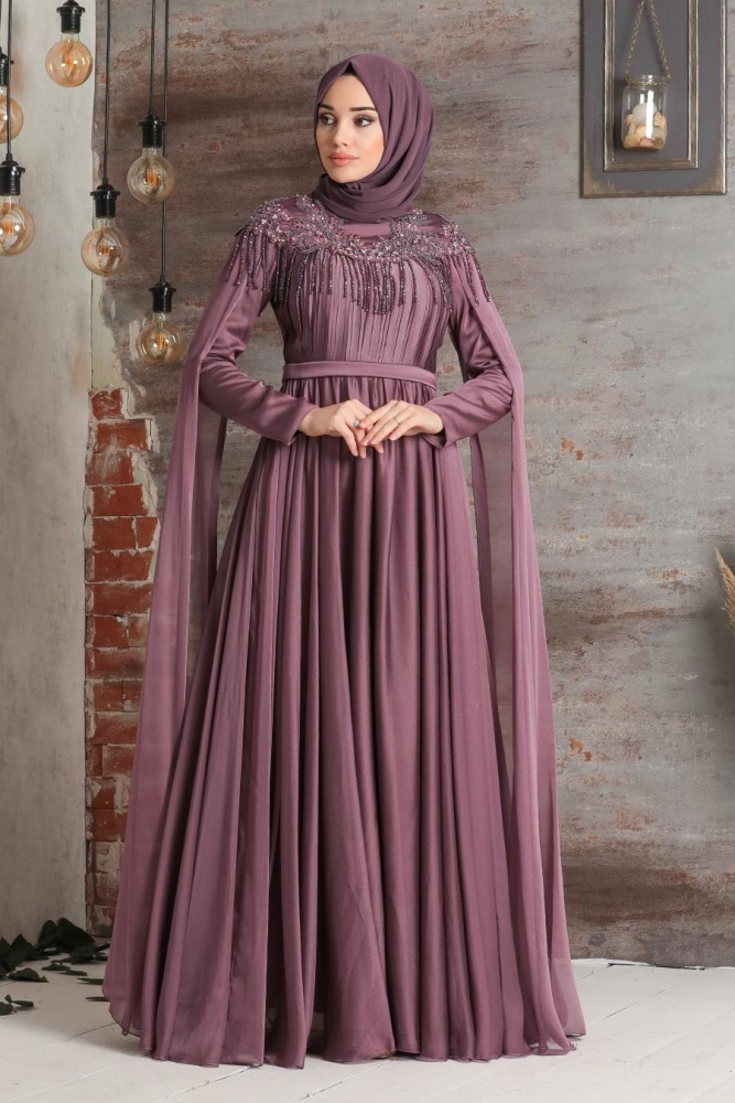 Tesettürlü Abiye Elbise - Püsküllü Drape Detaylı Gül Kurusu Tesettür Abiye Elbise 21901GK - 2