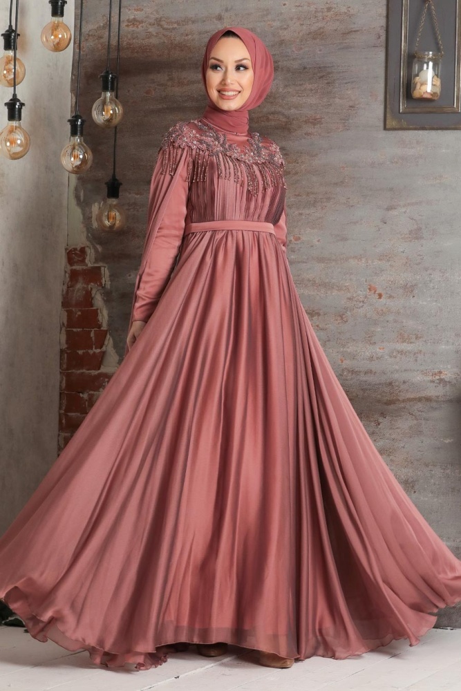 Tesettürlü Abiye Elbise - Püsküllü Drape Detaylı Kiremit Tesettür Abiye Elbise 21901KRMT - 1