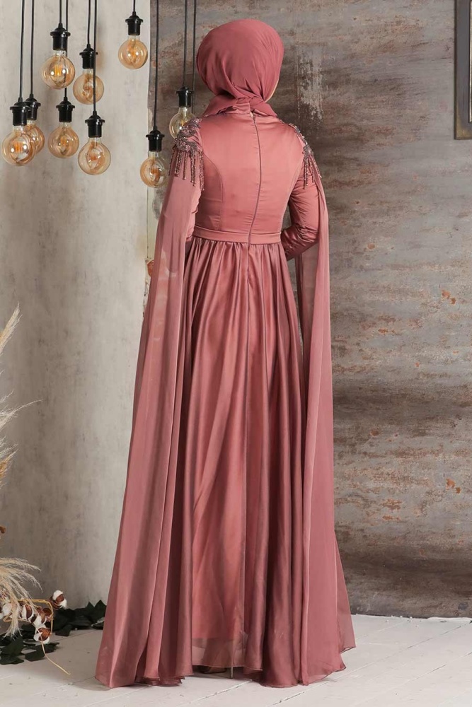 Tesettürlü Abiye Elbise - Püsküllü Drape Detaylı Kiremit Tesettür Abiye Elbise 21901KRMT - 2
