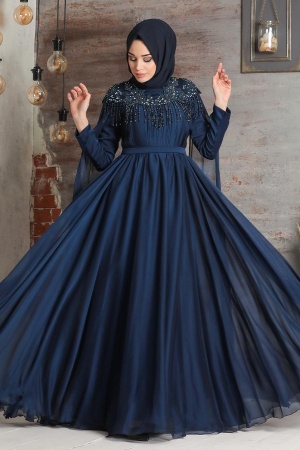 Tesettürlü Abiye Elbise - Püsküllü Drape Detaylı Lacivert Tesettür Abiye Elbise 21901L - 1