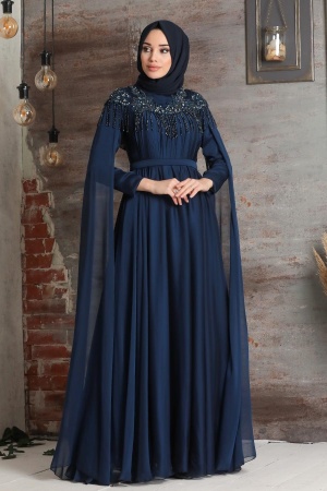 Tesettürlü Abiye Elbise - Püsküllü Drape Detaylı Lacivert Tesettür Abiye Elbise 21901L - 2
