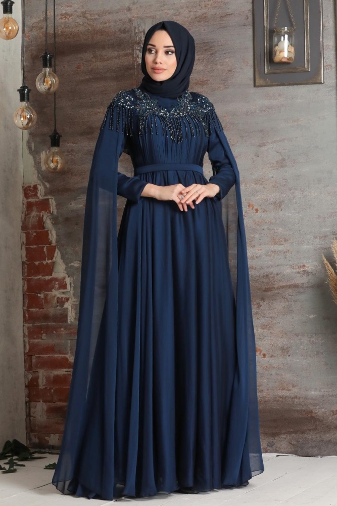 Tesettürlü Abiye Elbise - Püsküllü Drape Detaylı Lacivert Tesettür Abiye Elbise 21901L - 2