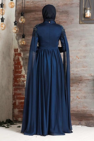 Tesettürlü Abiye Elbise - Püsküllü Drape Detaylı Lacivert Tesettür Abiye Elbise 21901L - 3