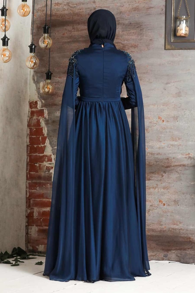 Tesettürlü Abiye Elbise - Püsküllü Drape Detaylı Lacivert Tesettür Abiye Elbise 21901L - 3