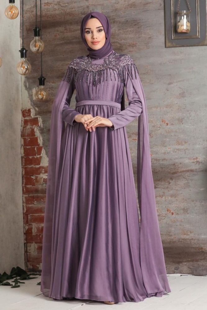 Tesettürlü Abiye Elbise - Püsküllü Drape Detaylı Lila Tesettür Abiye Elbise 21901LILA - 1