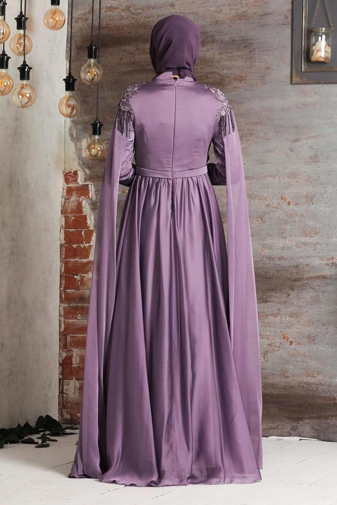 Tesettürlü Abiye Elbise - Püsküllü Drape Detaylı Lila Tesettür Abiye Elbise 21901LILA - 2