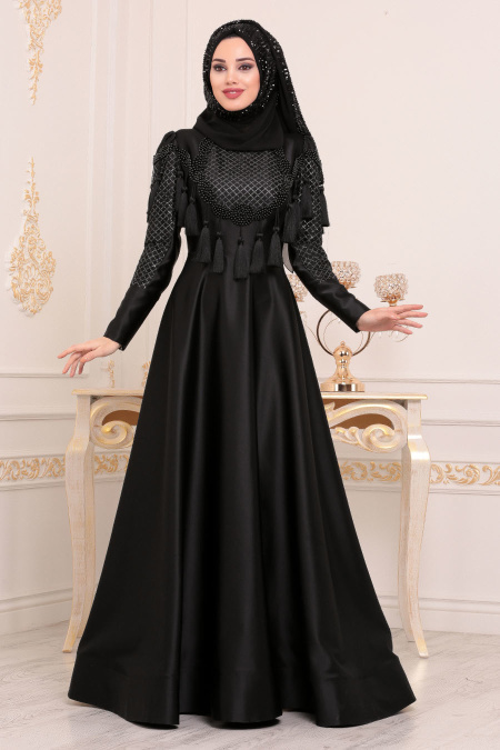 Tesettürlü Abiye Elbise - Püsküllü Siyah Tesettür Abiye Elbise 37160S