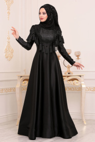 Tesettürlü Abiye Elbise - Püsküllü Siyah Tesettür Abiye Elbise 37160S - Thumbnail
