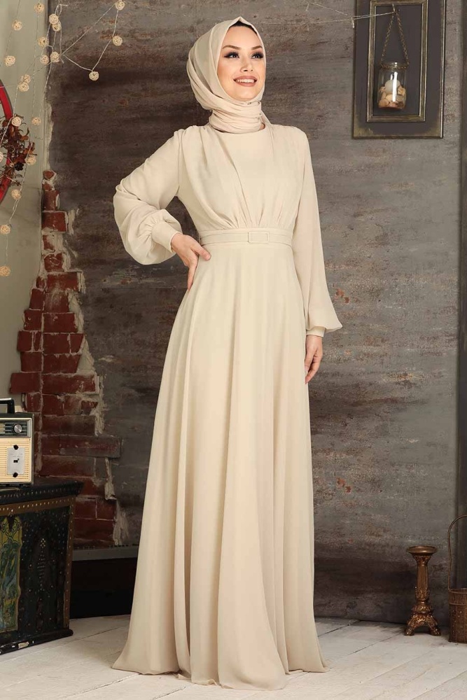 Tesettürlü Abiye Elbise - Robe de soirée beige pour vêtements islamiques 5422BEJ - 1