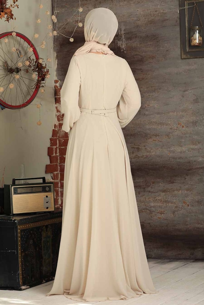 Tesettürlü Abiye Elbise - Robe de soirée beige pour vêtements islamiques 5422BEJ - 2
