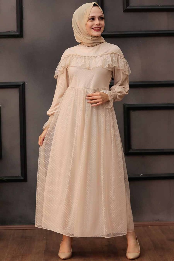 Tesettürlü Abiye Elbise -Robe de soirée beige pour vêtements islamiques 76231BEJ - 1