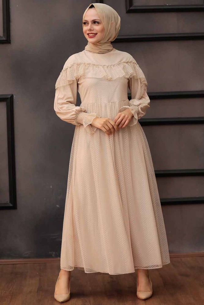 Tesettürlü Abiye Elbise -Robe de soirée beige pour vêtements islamiques 76231BEJ - 2