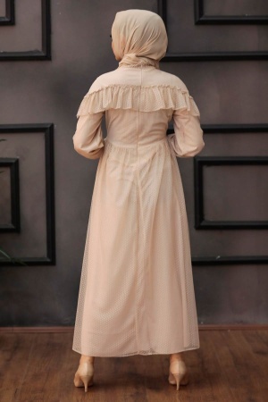 Tesettürlü Abiye Elbise -Robe de soirée beige pour vêtements islamiques 76231BEJ - 3