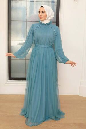 Tesettürlü Abiye Elbise -Robe de soirée bleu vêtements islamiques 22041M - 1
