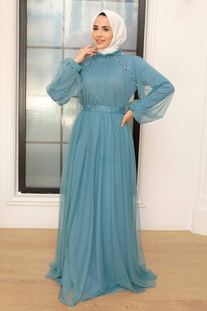 Tesettürlü Abiye Elbise -Robe de soirée bleu vêtements islamiques 22041M - 2