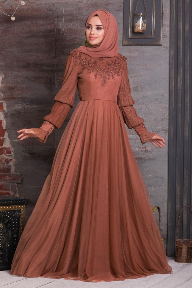 Tesettürlü Abiye Elbise - Robe de soirée à carreaux islamiques 21780KRMT - 1