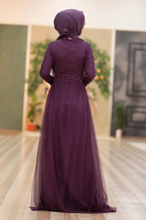 Tesettürlü Abiye Elbise -Robe de Soirée Damson Hijab 5345MU - Thumbnail