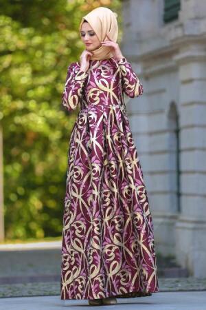 Tesettürlü Abiye Elbise - Robe de soirée de vêtements islamique rouge bordeaux plissée 2441BR - 1