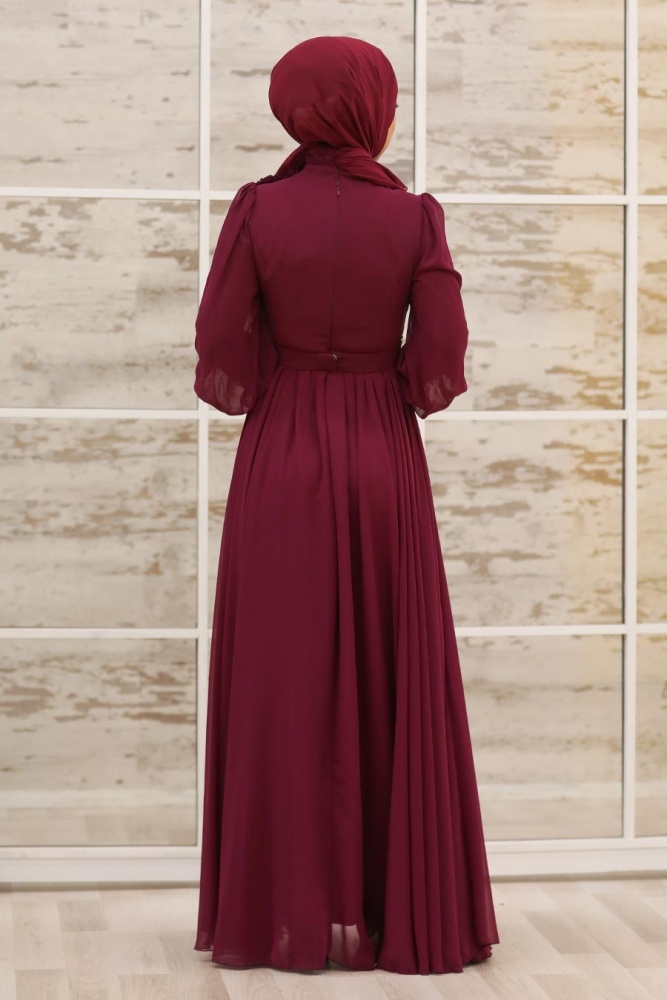 Tesettürlü Abiye Elbise - Robe de soirée de vêtements islamiques cerise 21951VSN - 2