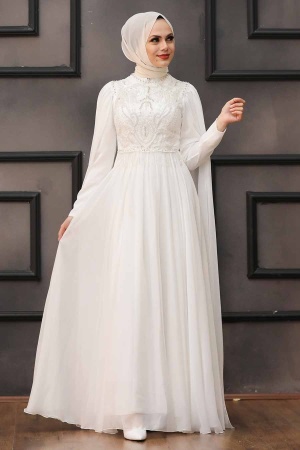 Tesettürlü Abiye Elbise - Robe de Soirée Ecru Vêtements Islamiques 22162E - 2